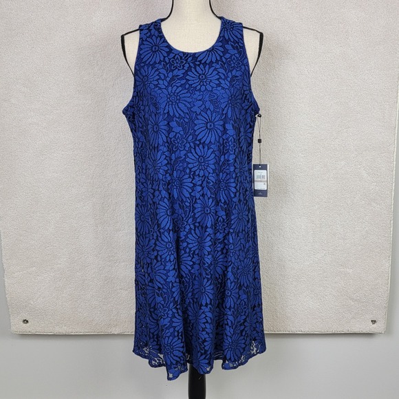 Tommy Hilfiger NEW Women's 12 Royal Blue Floral Lace Cocktail Modest Shift Dress - Picture 2 of 12